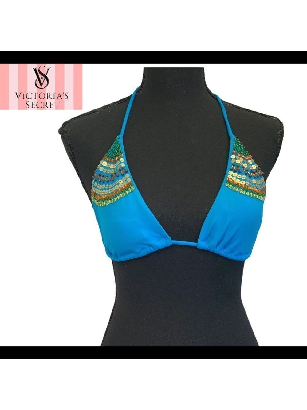 VICTORIA'S Secret blue sequin beaded bikini top Sz M